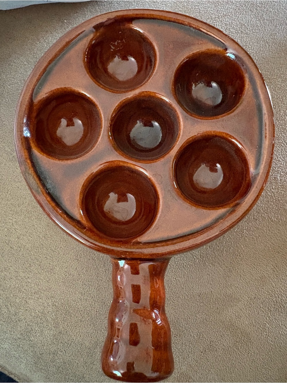 Vintage Brown Glazed Ceramic 7-Cavity Escargot Plates (2) pair